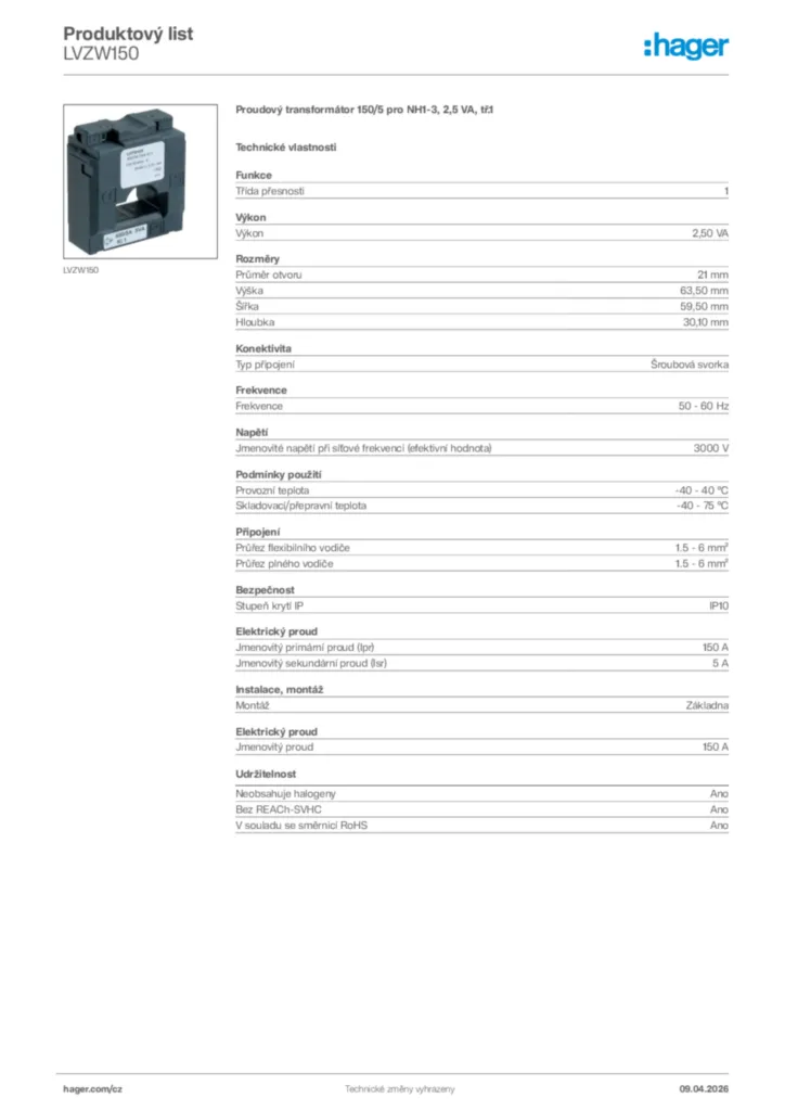 Obrázek Hager Product data sheet LVZW150 | Hager