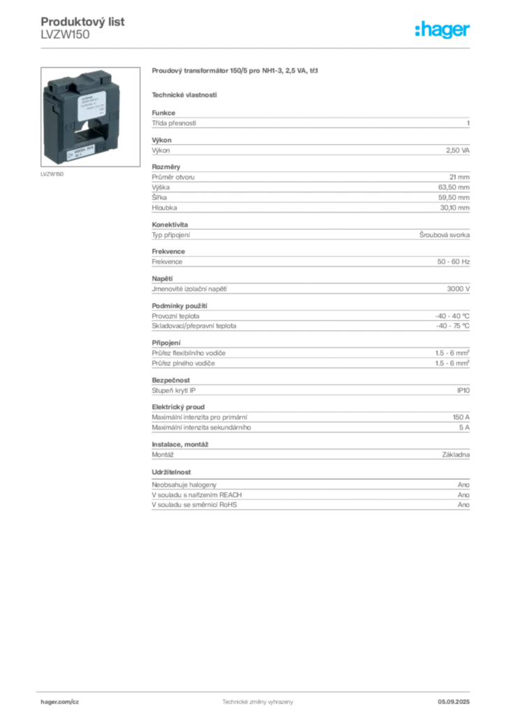Obrázek Hager Produktový list LVZW150 | Hager