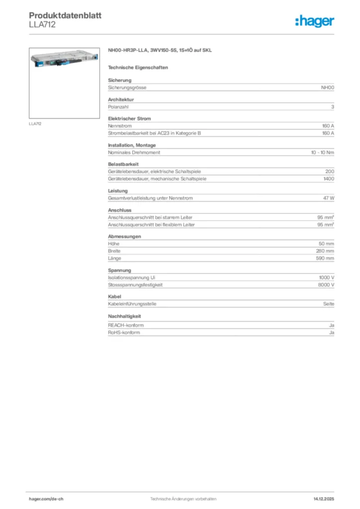 Bild Hager Produktdatenblatt LLA712 | Hager Schweiz