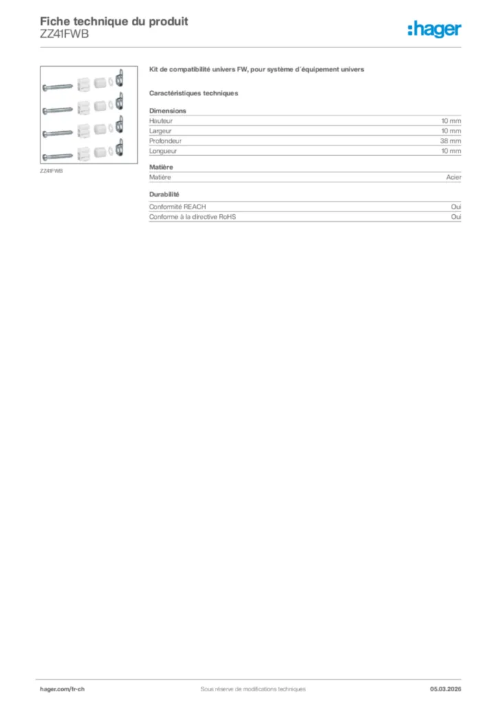 Image Hager Fiche technique du produit ZZ41FWB | Hager Suisse