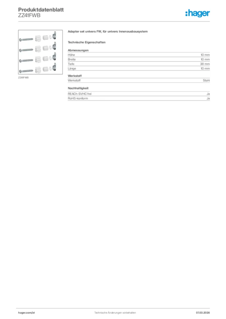 Bild Hager Produktdatenblatt ZZ41FWB | Hager Deutschland