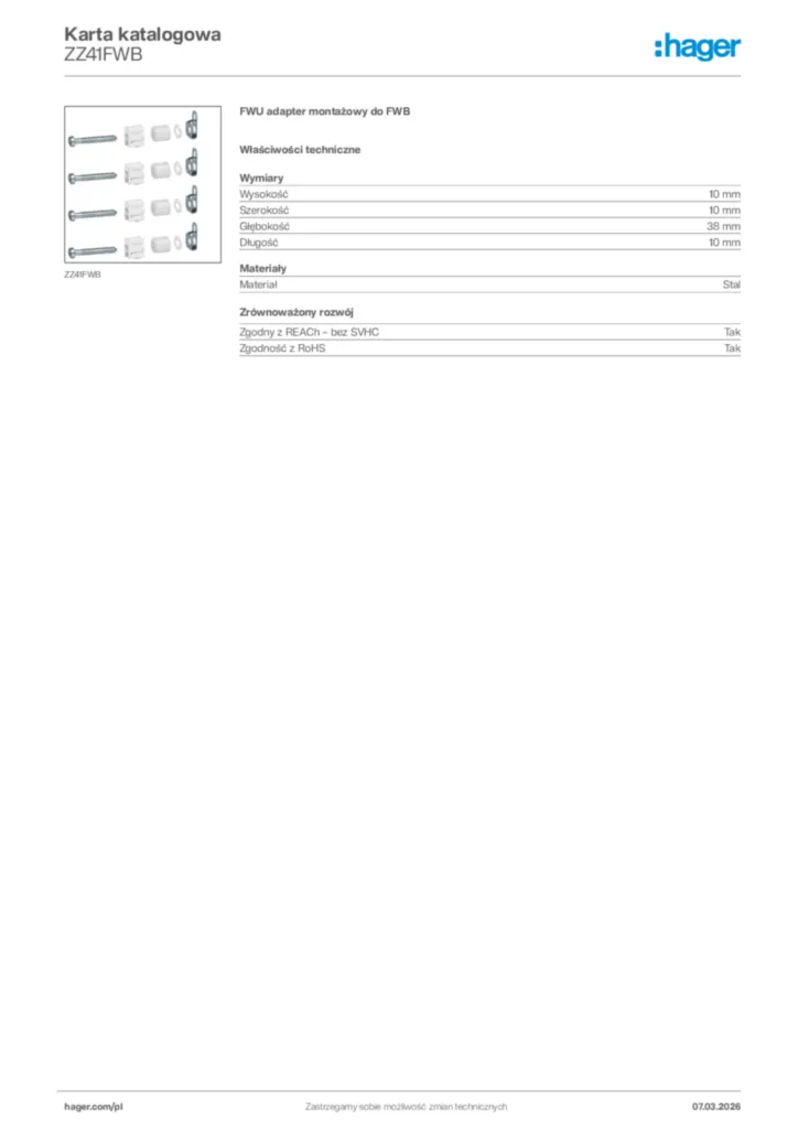 Zdjęcie Hager Karta katalogowa ZZ41FWB | Hager Polska