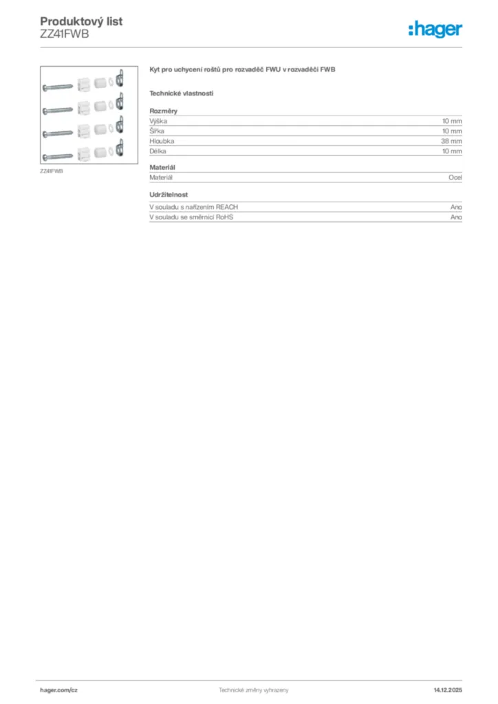 Obrázek Hager Produktový list ZZ41FWB | Hager