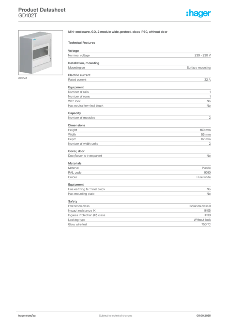 Image Hager Product data sheet GD102T  | Hager Australia
