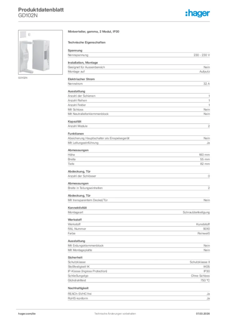 Bild Hager Produktdatenblatt GD102N | Hager Deutschland