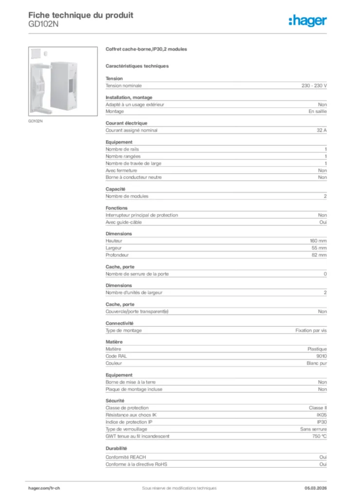 Image Hager Fiche technique du produit GD102N | Hager Suisse