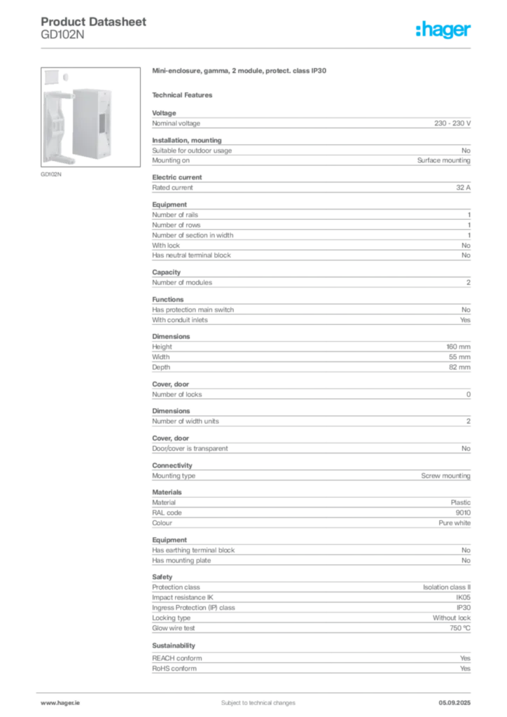 Image Hager Product data sheet GD102N  | Hager