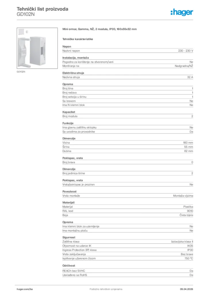 Slika Hager Tehnički list proizvoda GD102N  | Hager