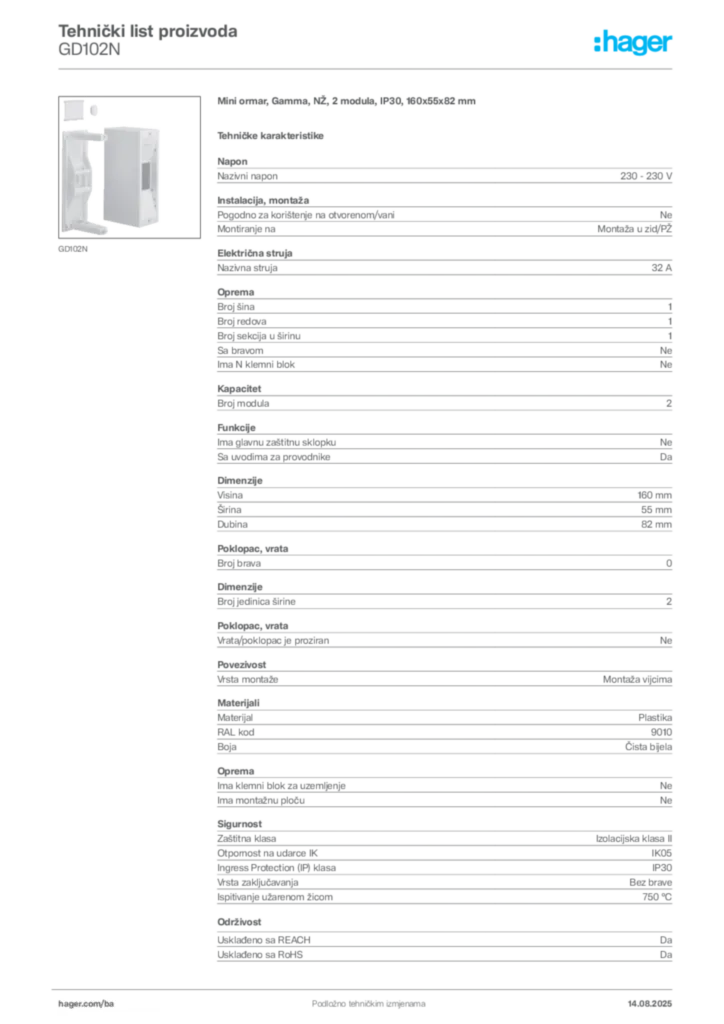 Slika Hager Product data sheet GD102N  | Hager