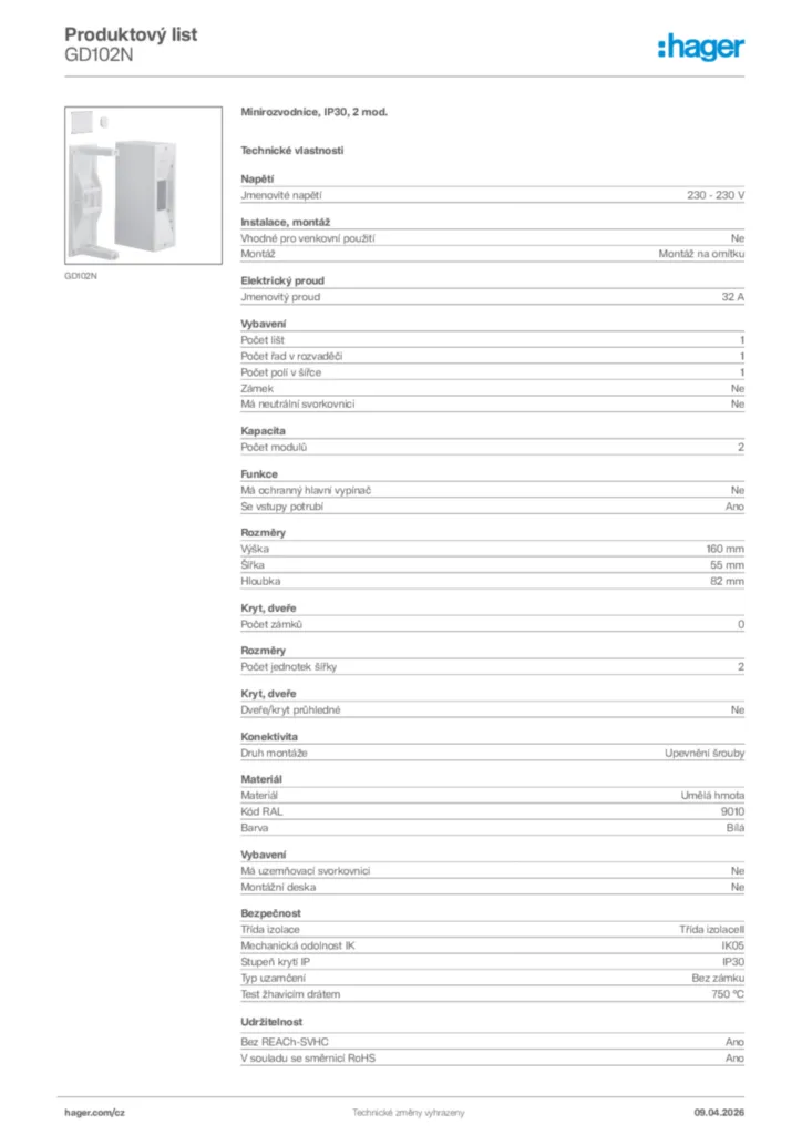 Obrázek Hager Product data sheet GD102N | Hager