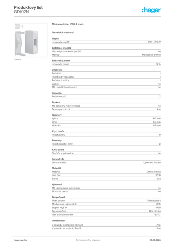 Obrázek Hager Produktový list GD102N | Hager