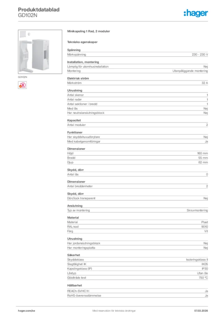 Bild Hager Produktdatablad GD102N | Hager Sverige