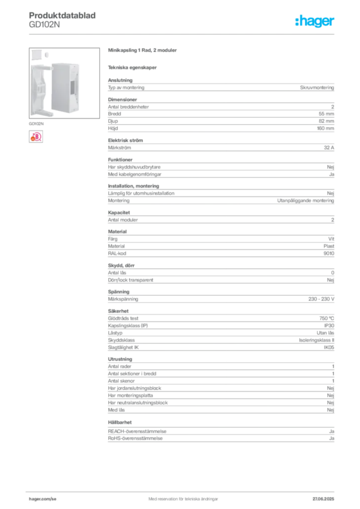 Bild Hager Produktdatablad GD102N | Hager Sverige