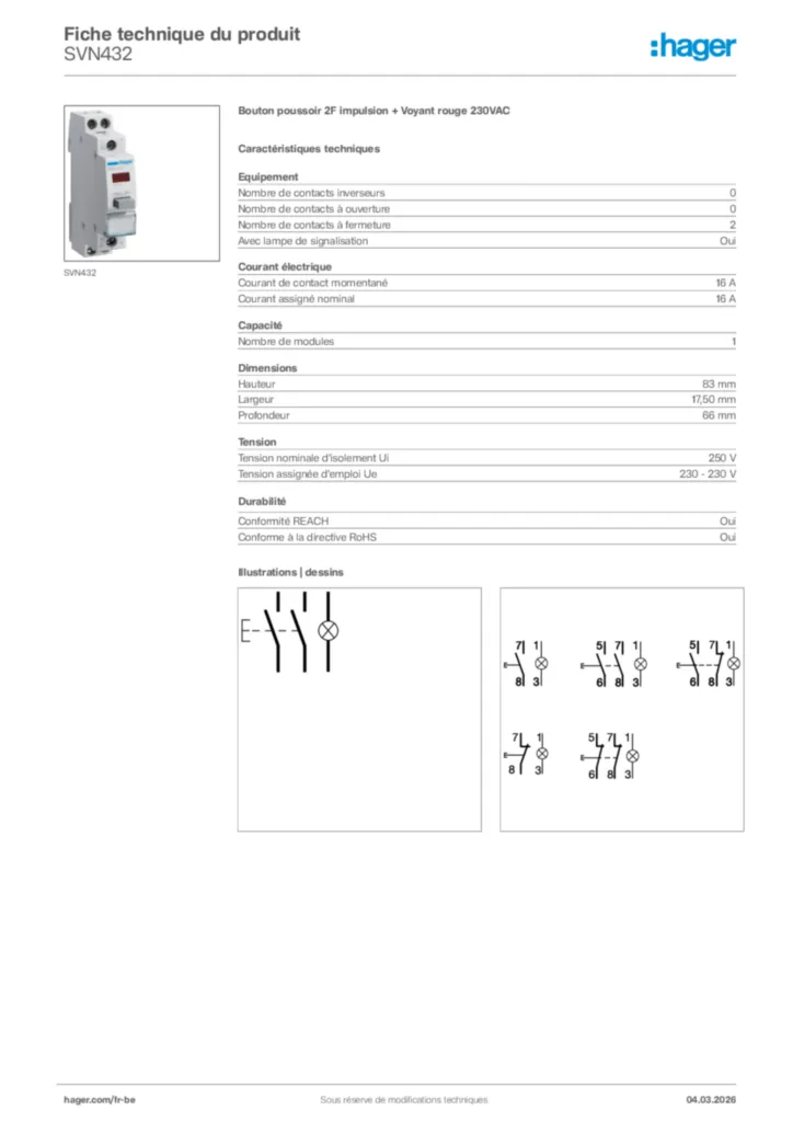 Image Hager Fiche technique du produit SVN432 | Hager Belgique