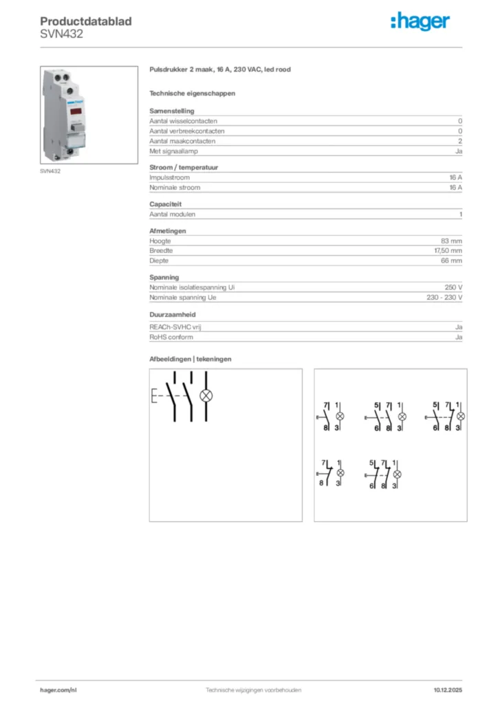 Afbeelding Hager Productdatablad SVN432 | Hager Nederland