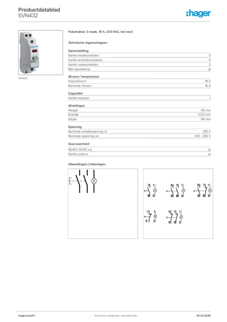 Afbeelding Hager Productdatablad SVN432 | Hager Nederland