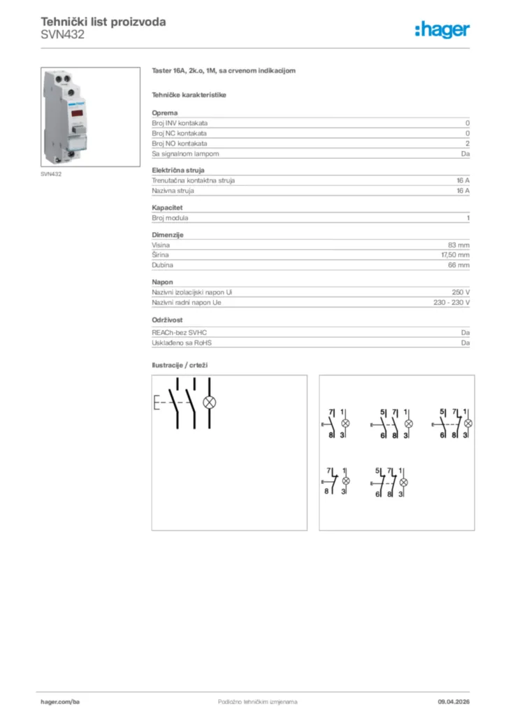 Slika Hager Tehnički list proizvoda SVN432  | Hager