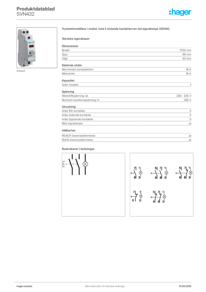 Bild Hager Produktdatablad SVN432 | Hager Sverige