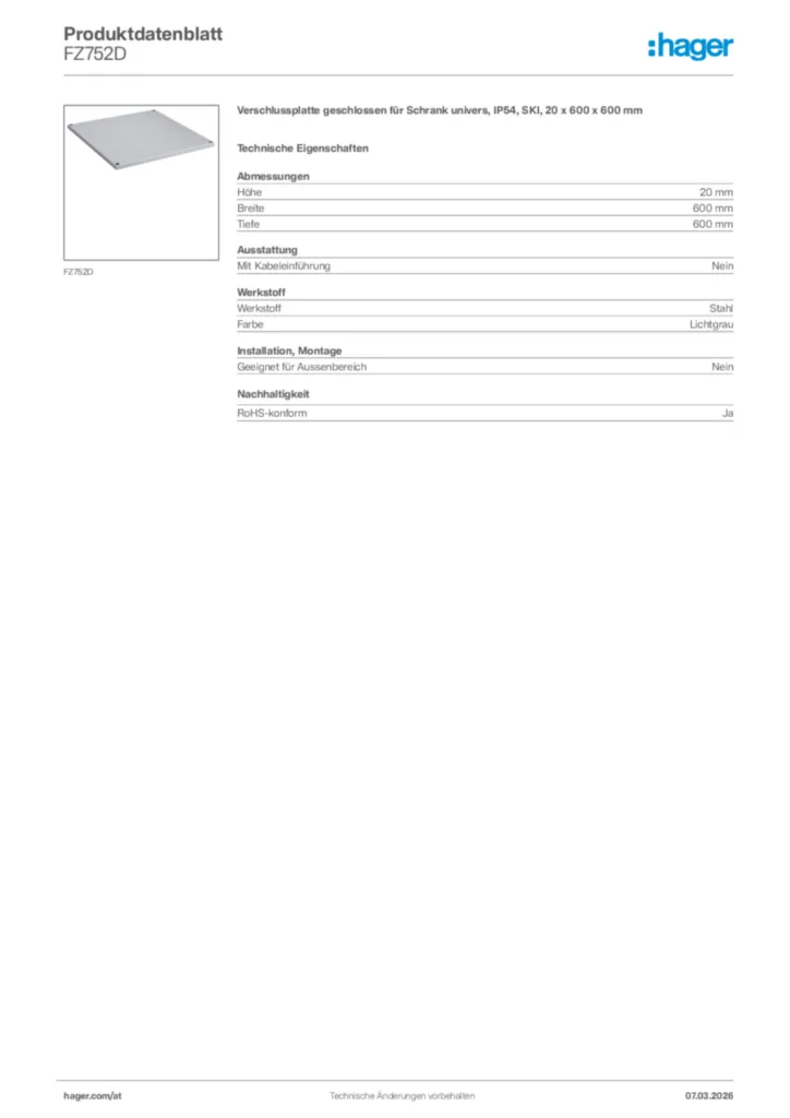 Bild Hager Produktdatenblatt FZ752D | Hager Deutschland