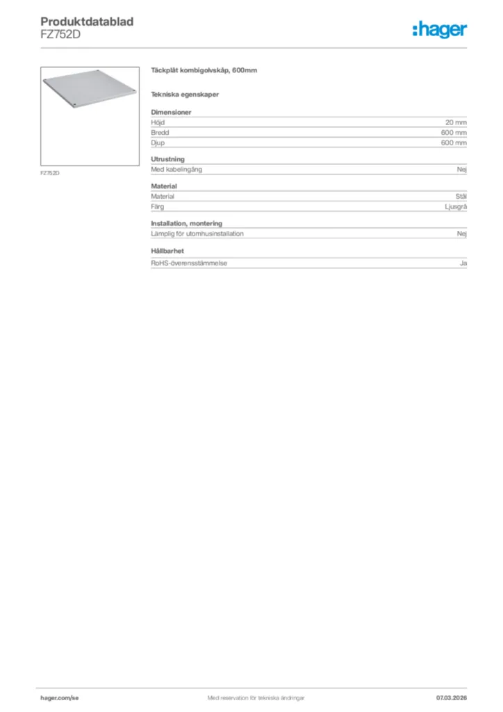 Bild Hager Produktdatablad FZ752D | Hager Sverige