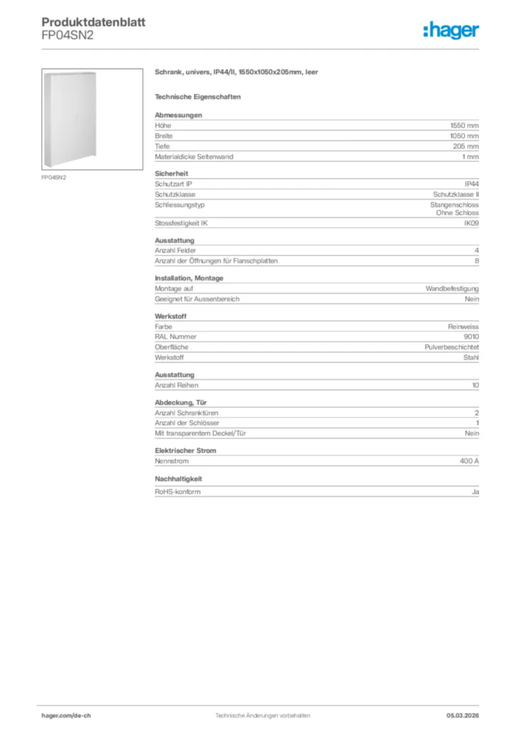 Bild Hager Produktdatenblatt FP04SN2 | Hager Schweiz