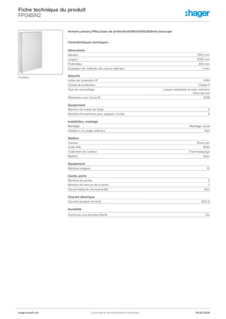 Image Hager Fiche technique du produit FP04SN2 | Hager Suisse