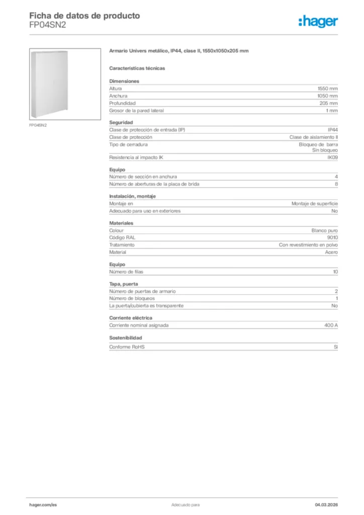 Imagen Hager Ficha de datos de producto FP04SN2 | Hager España
