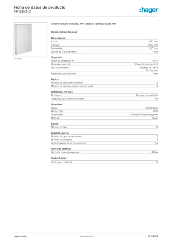 Imagen Hager Ficha de datos de producto FP04SN2 | Hager España