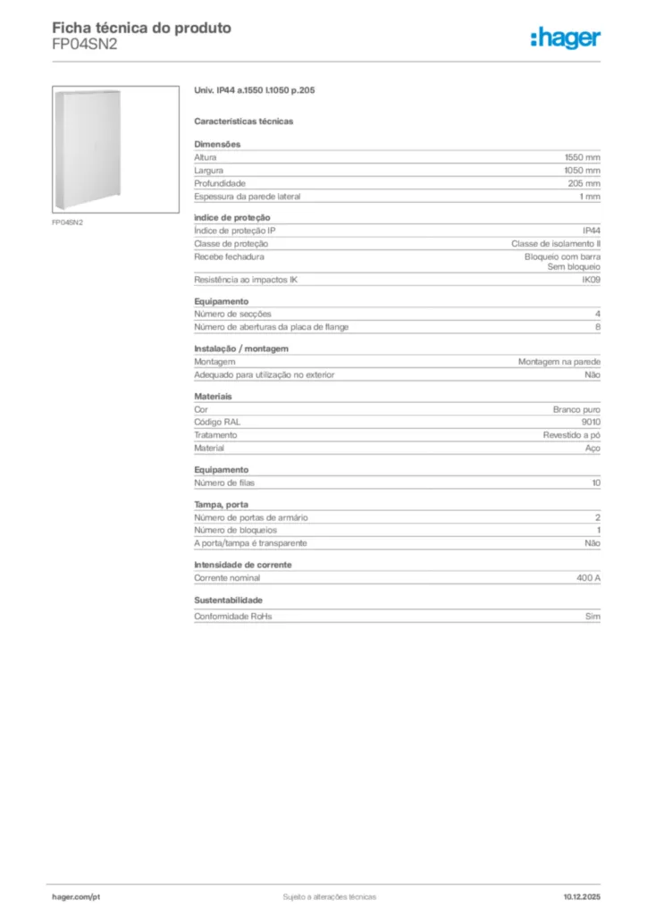 Imagem Hager Ficha técnica do produto FP04SN2 | Hager Portugal