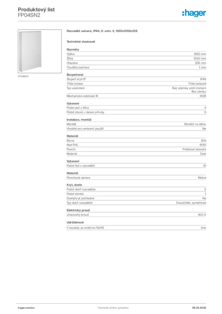Obrázek Hager Product data sheet FP04SN2 | Hager