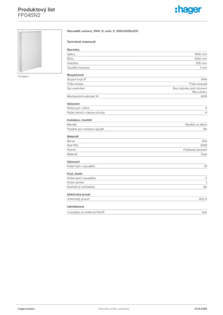 Obrázek Hager Produktový list FP04SN2 | Hager
