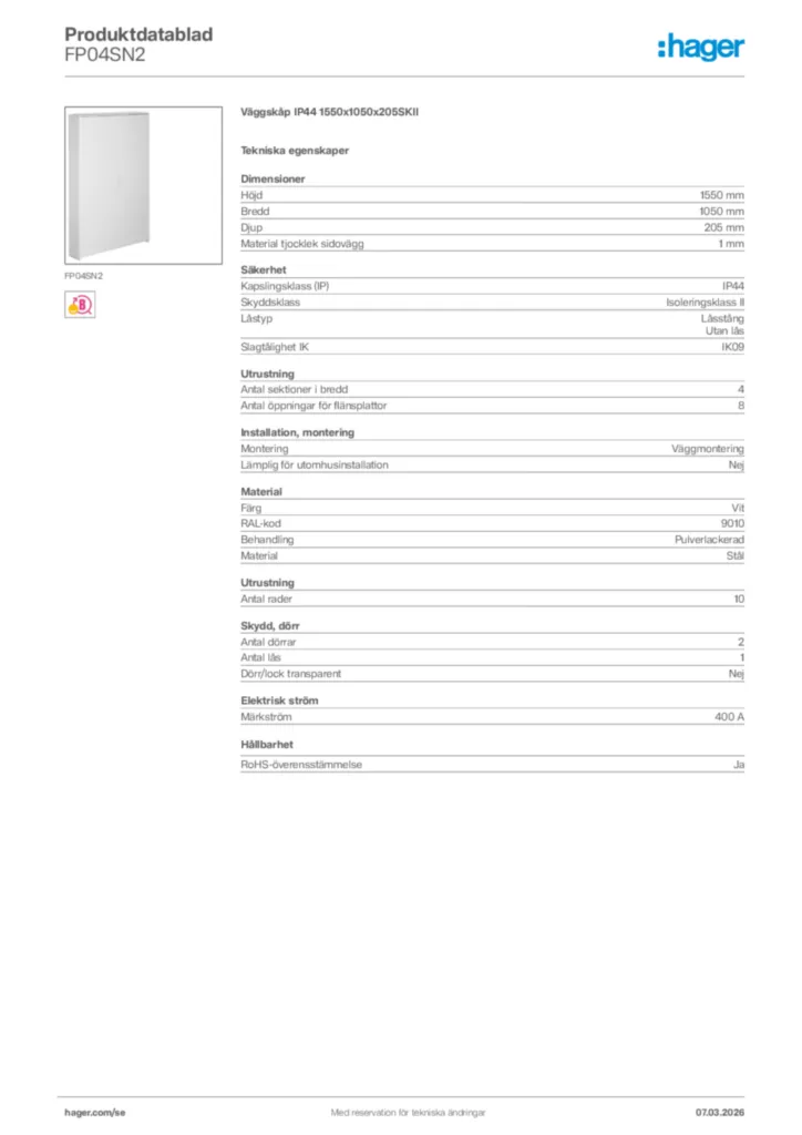 Bild Hager Produktdatablad FP04SN2 | Hager Sverige