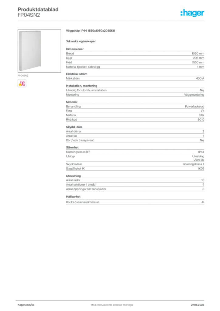 Bild Hager Produktdatablad FP04SN2 | Hager Sverige