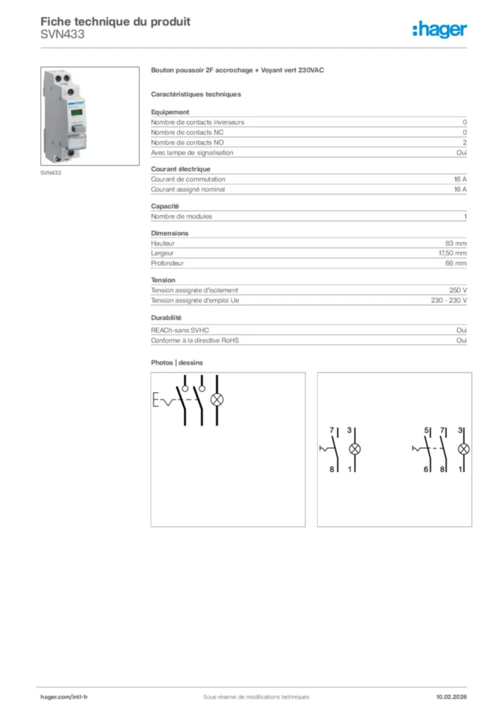 Image Hager Fiche technique du produit SVN433 | Hager Afrique