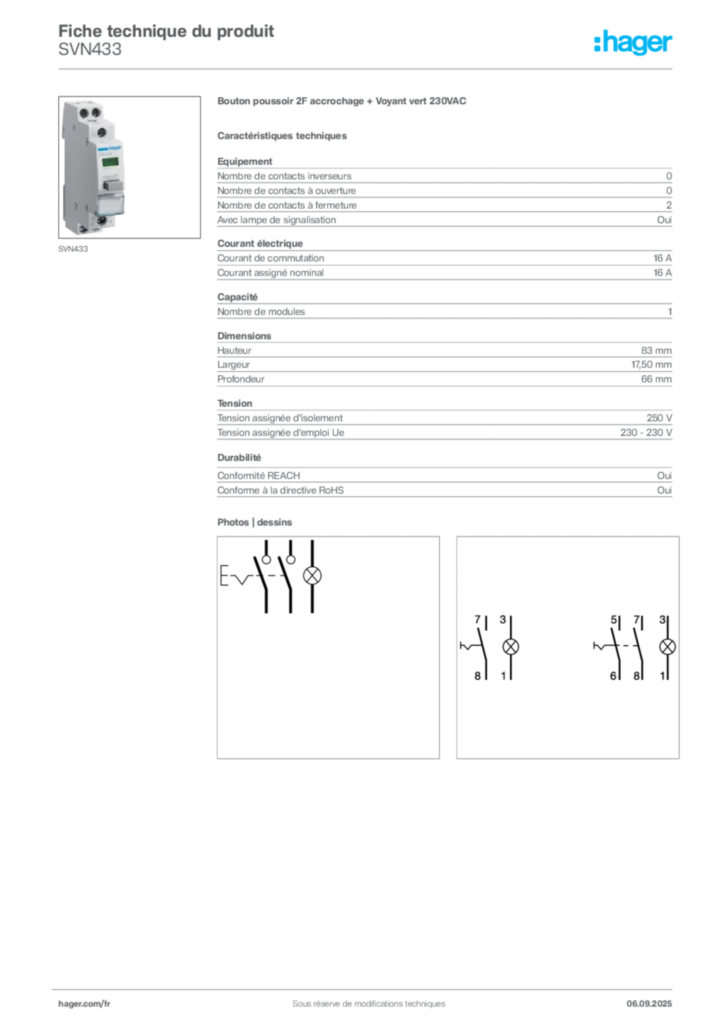 Image Hager Fiche technique du produit SVN433 | Hager France