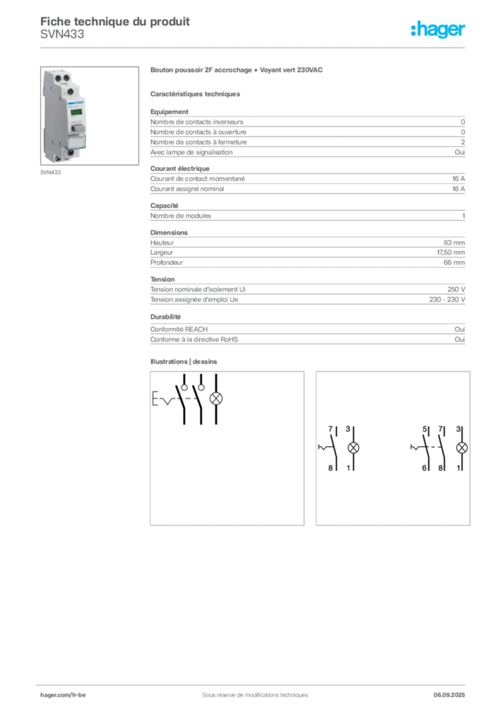 Image Hager Fiche technique du produit SVN433 | Hager Belgique