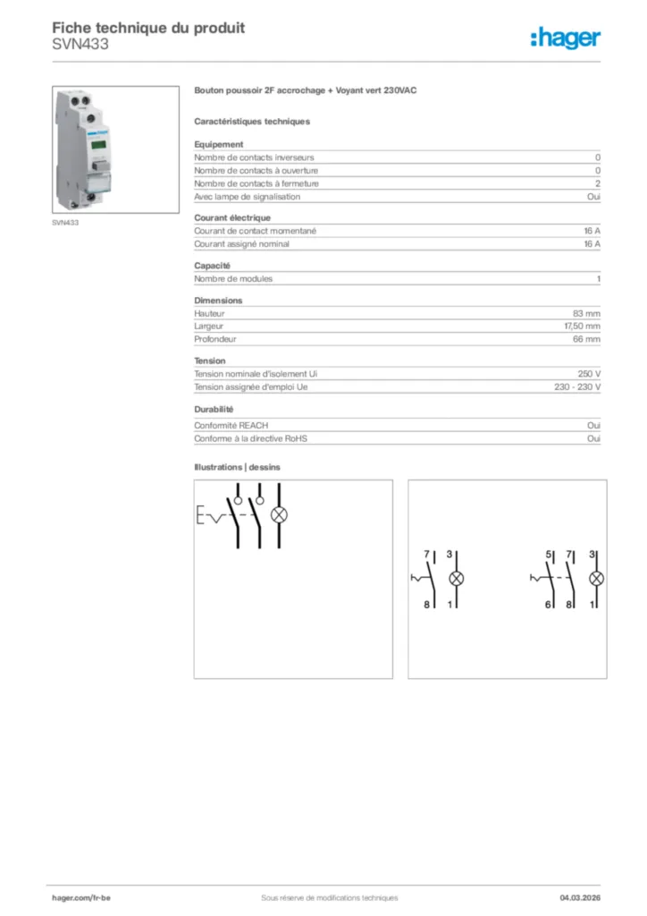 Image Hager Fiche technique du produit SVN433 | Hager Belgique