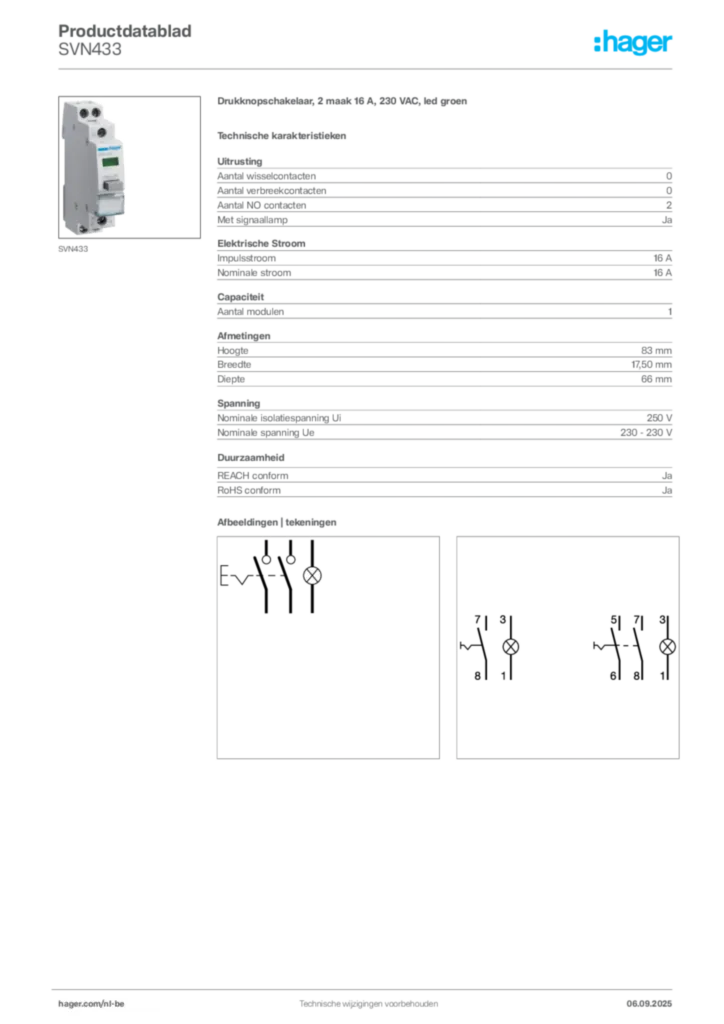 Afbeelding Hager Productdatablad SVN433 | Hager Belgium