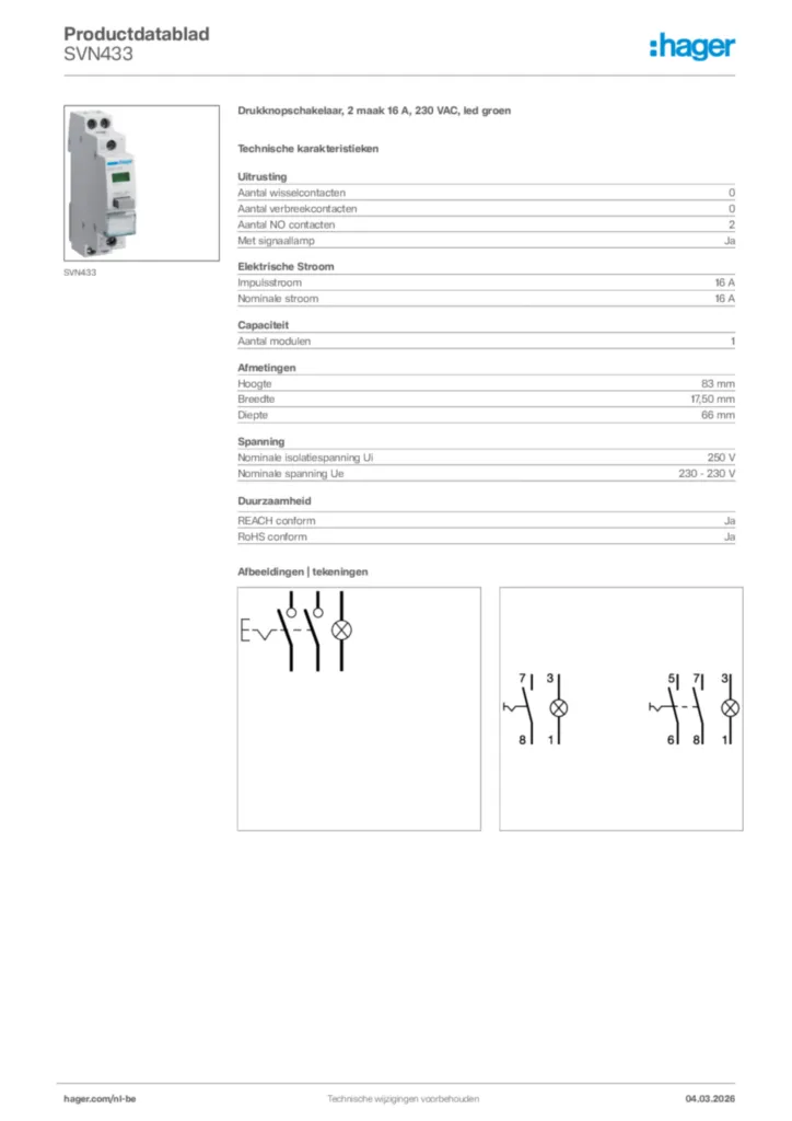 Afbeelding Hager Productdatablad SVN433 | Hager Belgium