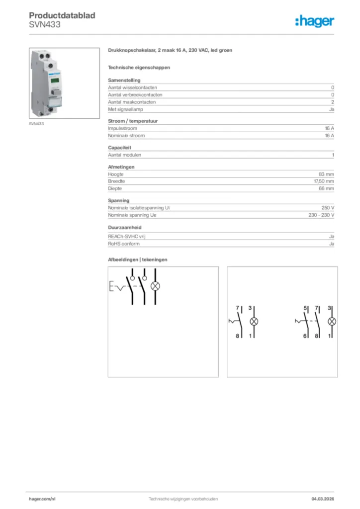 Afbeelding Hager Productdatablad SVN433 | Hager Nederland