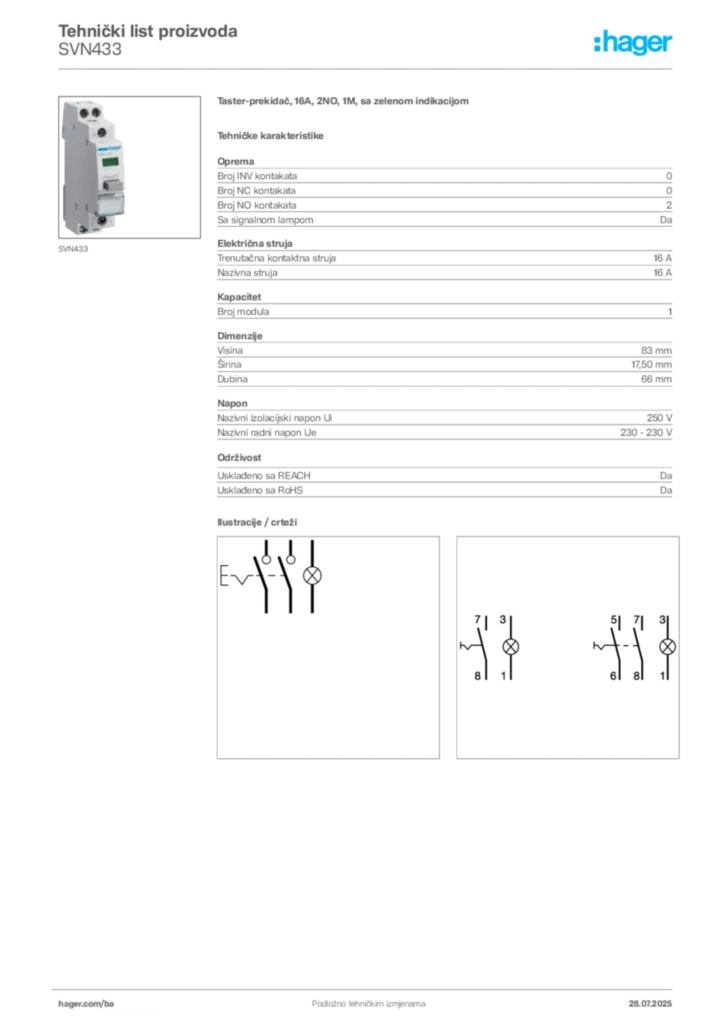 Slika Hager Product data sheet SVN433  | Hager