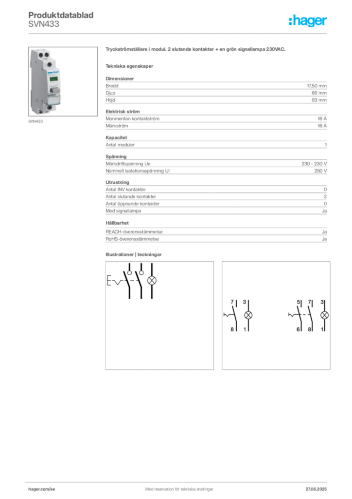Bild Hager Produktdatablad SVN433 | Hager Sverige