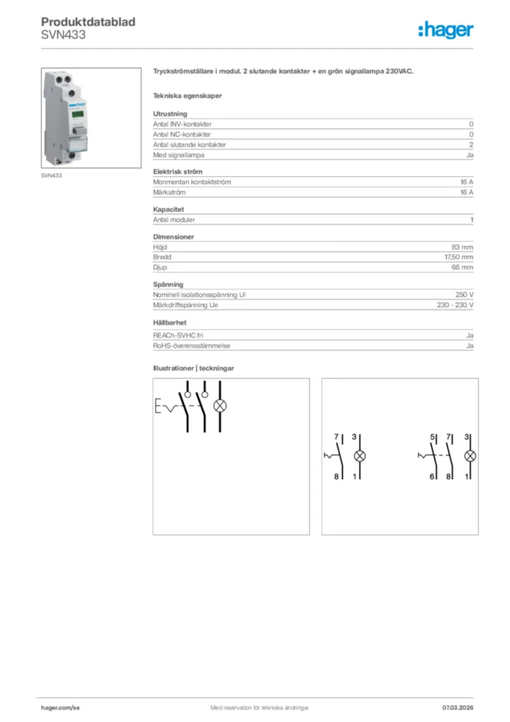 Bild Hager Produktdatablad SVN433 | Hager Sverige