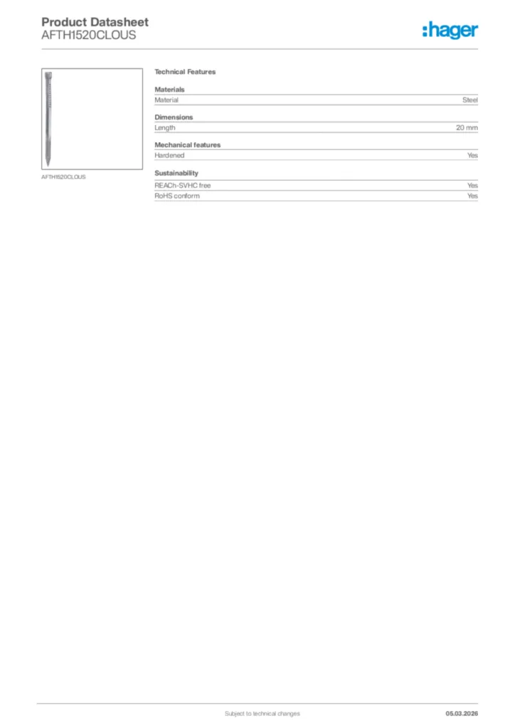Image Hager Product data sheet AFTH1520CLOUS  | Hager Africa