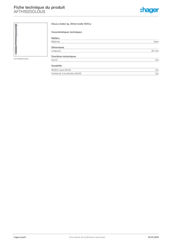 Image Hager Fiche technique du produit AFTH1520CLOUS | Hager France