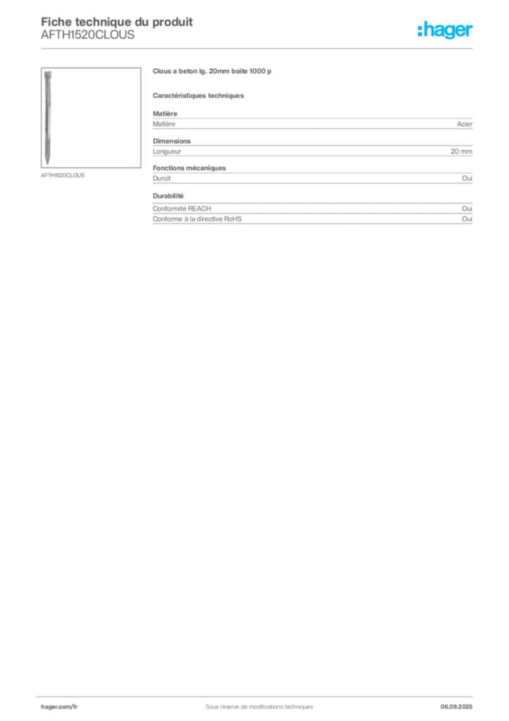 Image Hager Fiche technique du produit AFTH1520CLOUS | Hager France