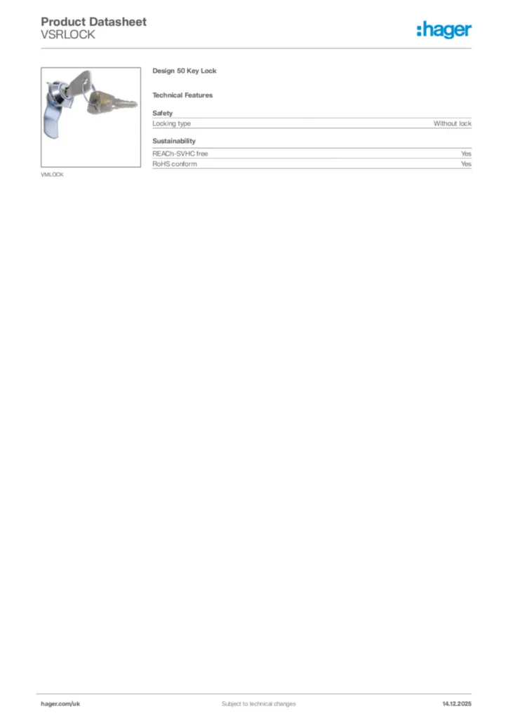 Image Hager Product data sheet VSRLOCK  | Hager