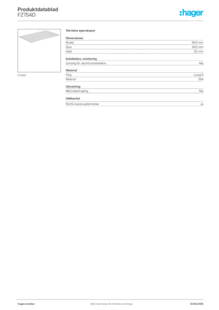 Bild Hager Produktdatablad FZ754D | Hager Sverige