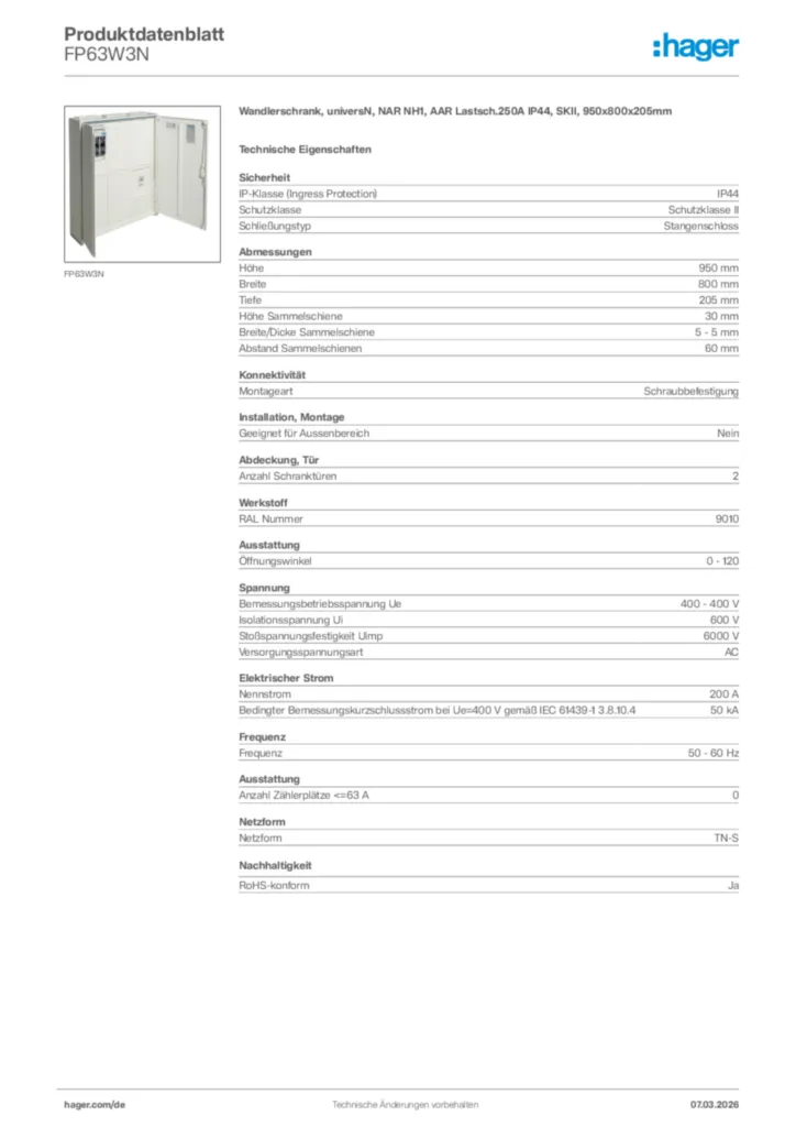 Bild Hager Produktdatenblatt FP63W3N | Hager Deutschland