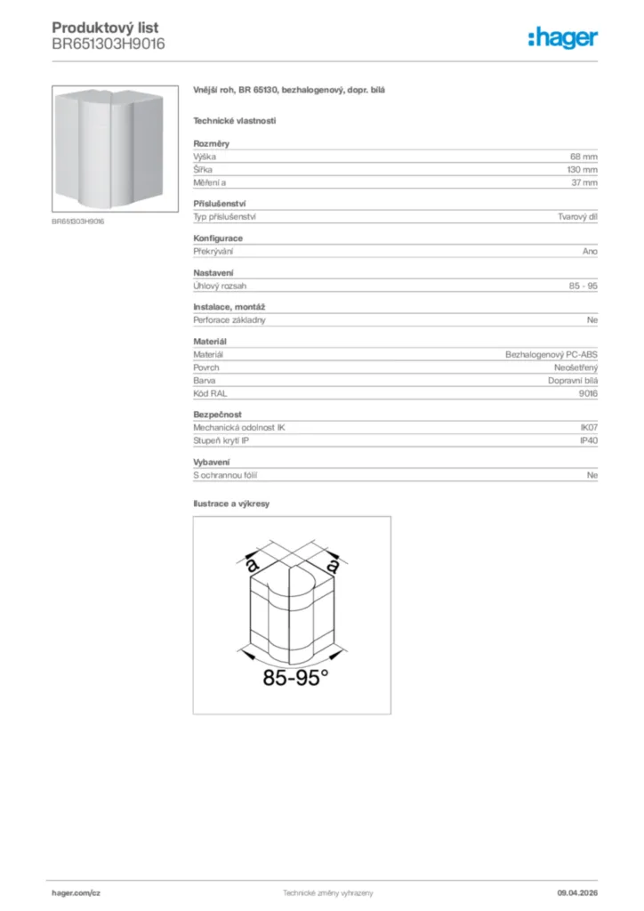 Obrázek Hager Product data sheet BR651303H9016 | Hager